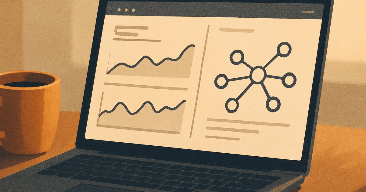 Illustration of a laptop showing an SEO analytics dashboard with a backlink graph