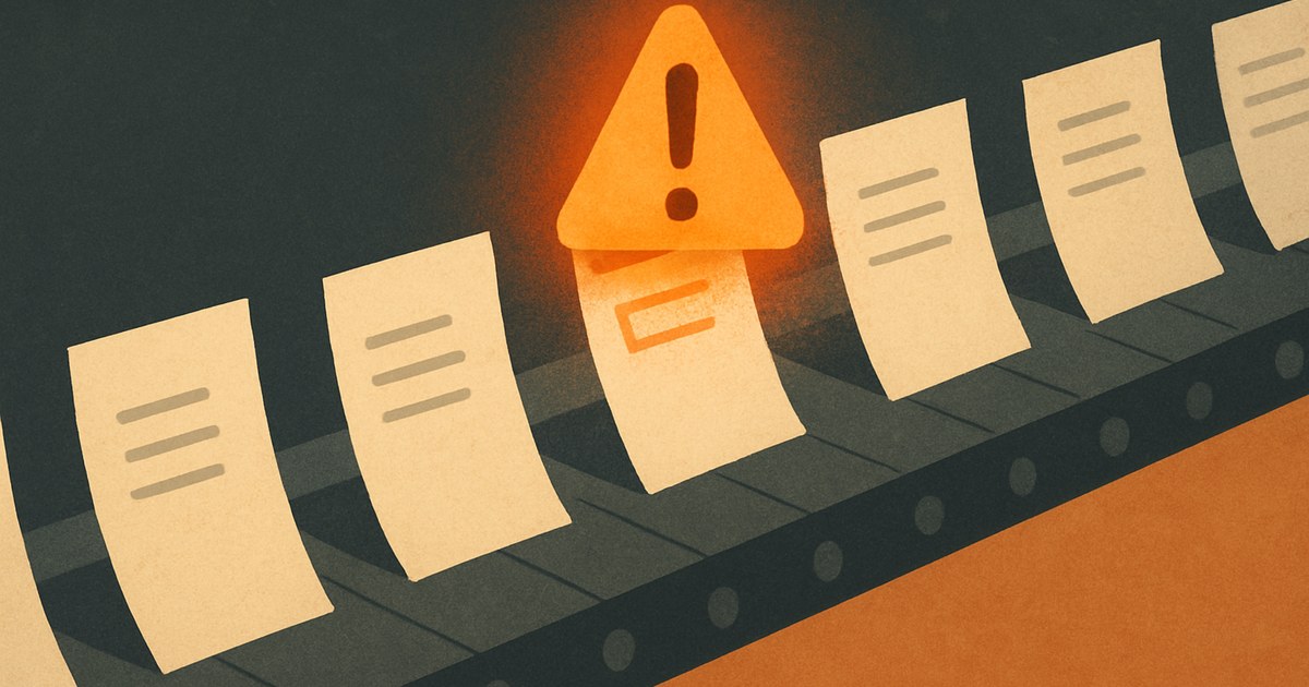 Illustration of a conveyor belt of identical documents with a warning-shaped light above, symbolizing AI-generated content being penalized