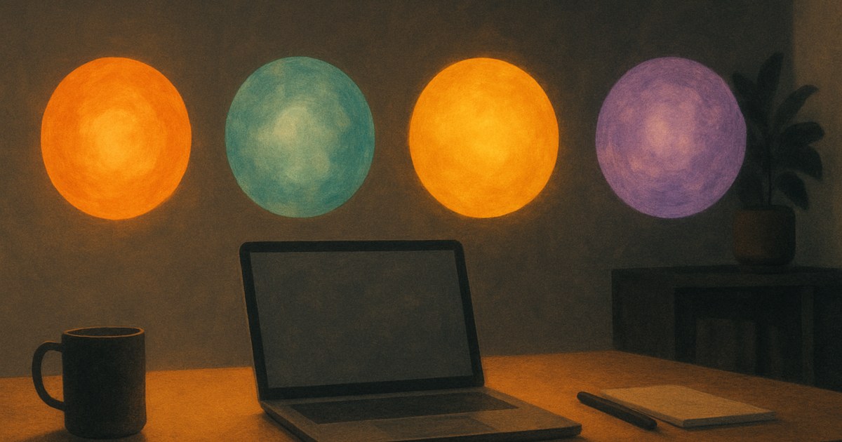 Illustration of four distinct glowing orbs in a row, symbolizing a comparison of AI assistants