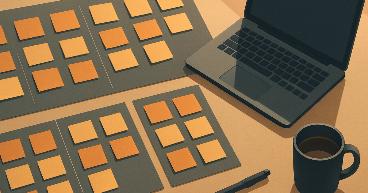 Illustration of several colored kanban boards with sticky notes seen from above, symbolizing project management tools