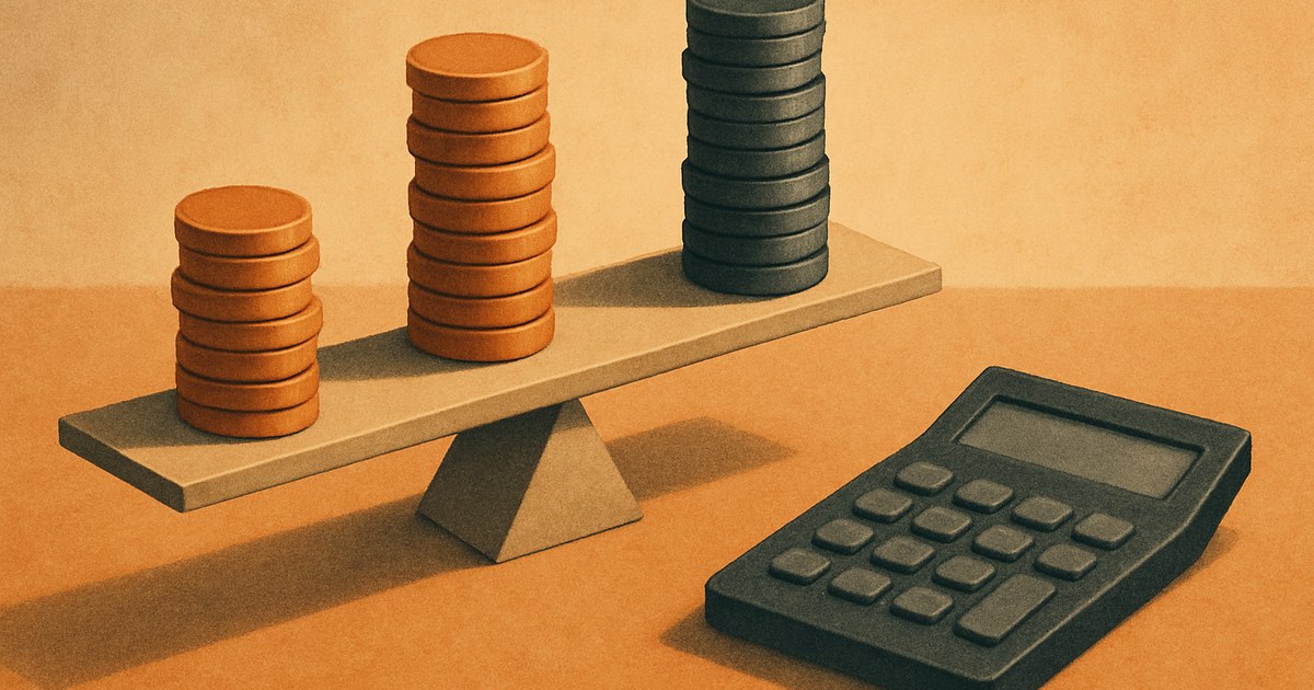 Illustration of three different coin stacks on a scale, symbolizing weighing the cost of agency, freelancer, and in-house options