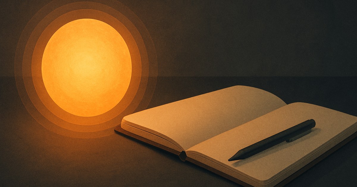Illustration of a calm glowing orb with soft rings of light beside an open notebook, symbolizing the Claude AI assistant