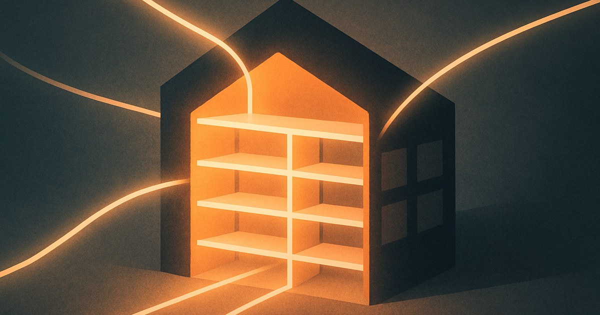 Illustration of a warehouse-shaped structure of light where multiple data streams merge, symbolizing a data warehouse