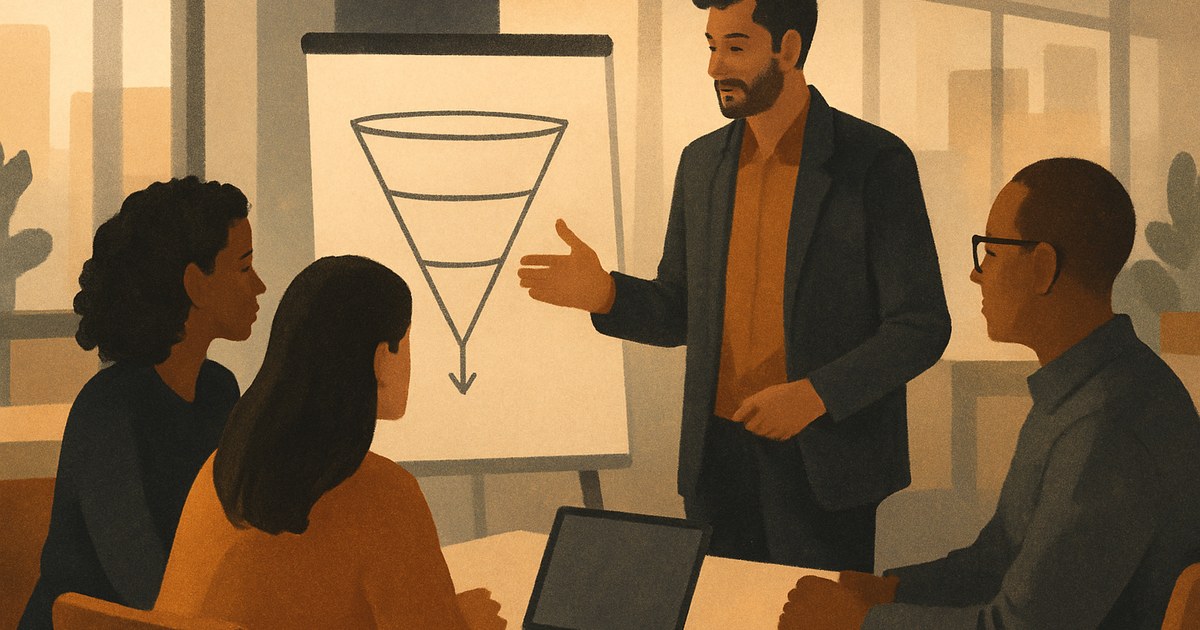Illustration of a team collaborating around a whiteboard sketch, symbolizing a digital marketing agency