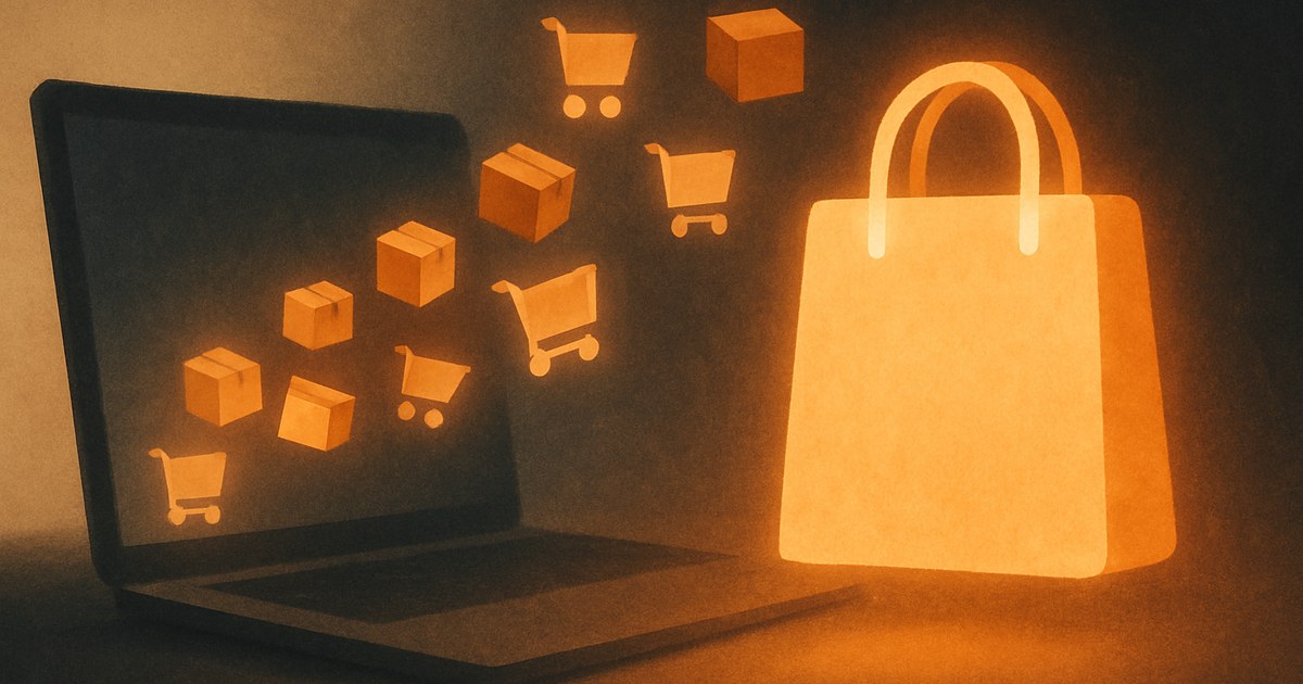 Illustration of a glowing shopping bag with packages flowing from a laptop, symbolizing e-commerce