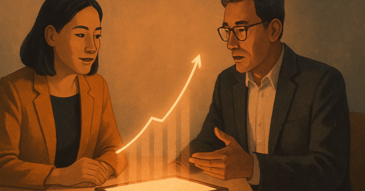 Illustration of a consulting meeting with a glowing profit curve above the table, symbolizing an e-commerce business consultant