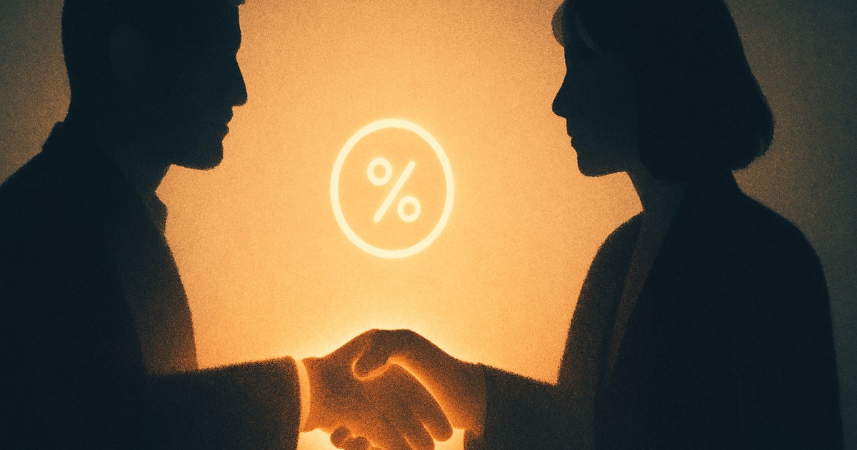 Illustration of a glowing handshake between two silhouettes, symbolizing affiliate marketing