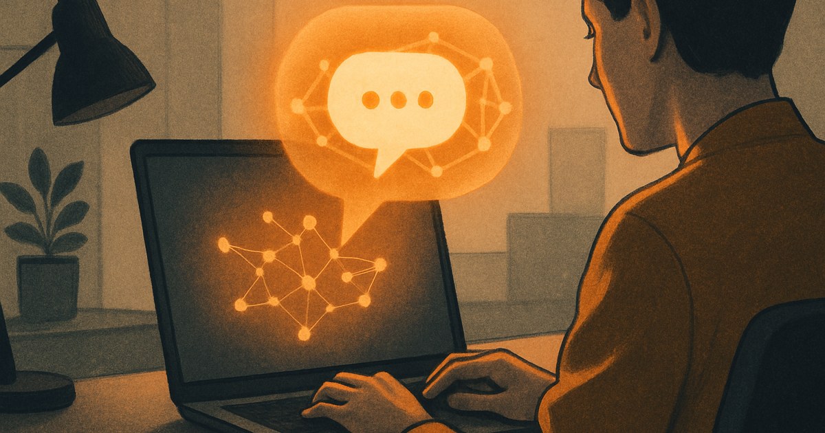 Illustration of a person typing on a laptop with an abstract AI chat bubble floating above the screen
