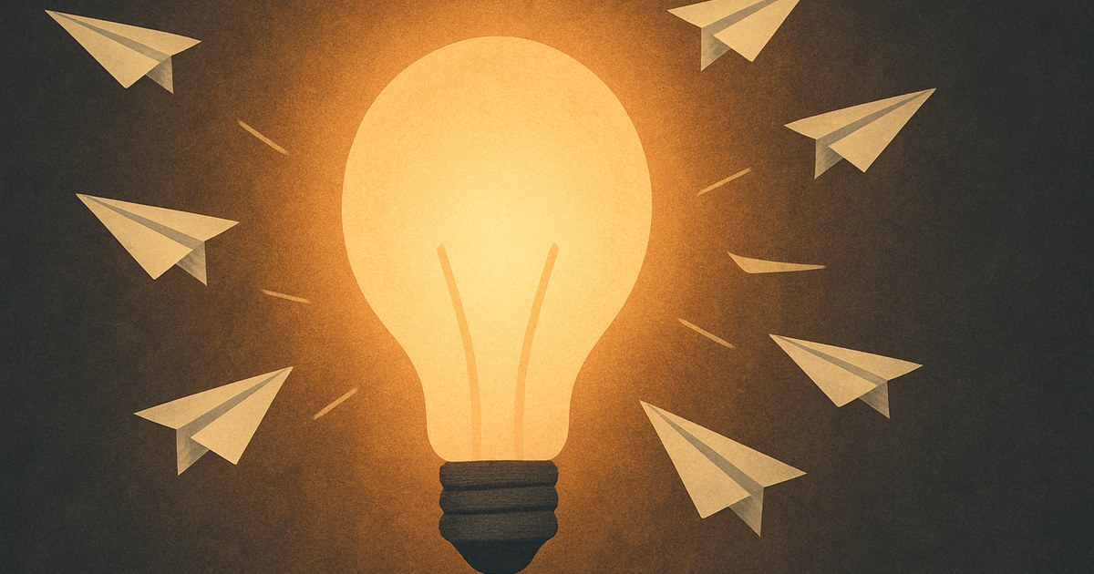 Illustration of a glowing lightbulb with paper airplanes flying outward, symbolizing content marketing