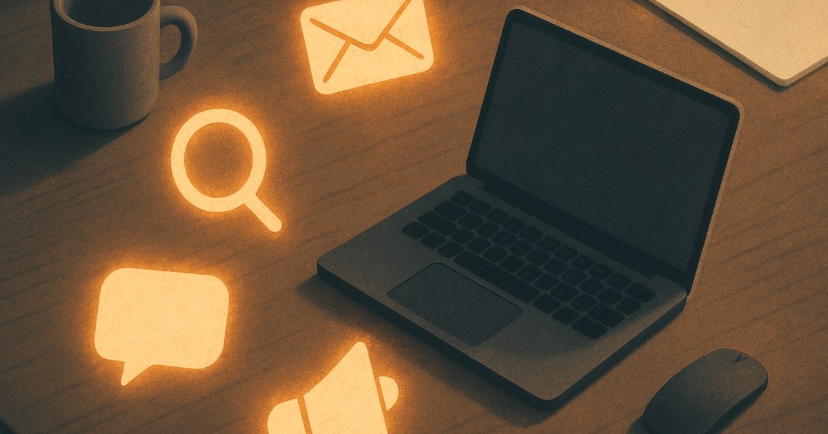 Illustration of several glowing icons for different marketing channels arranged around a laptop, symbolizing online marketing