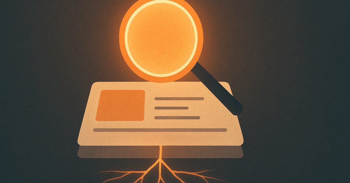 Illustration of a glowing magnifying glass above a layered structure with root-like lines beneath, symbolizing SEO
