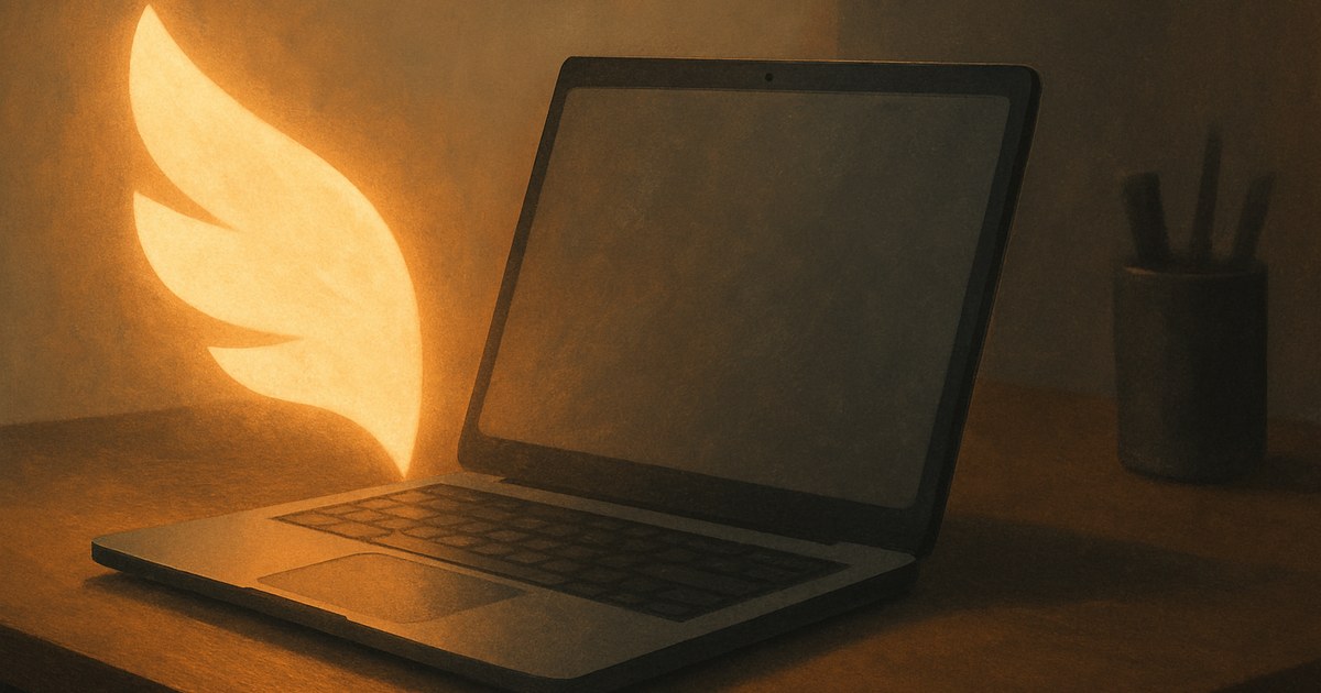 Illustration of a glowing wing-shaped figure beside a laptop, symbolizing Microsoft Copilot