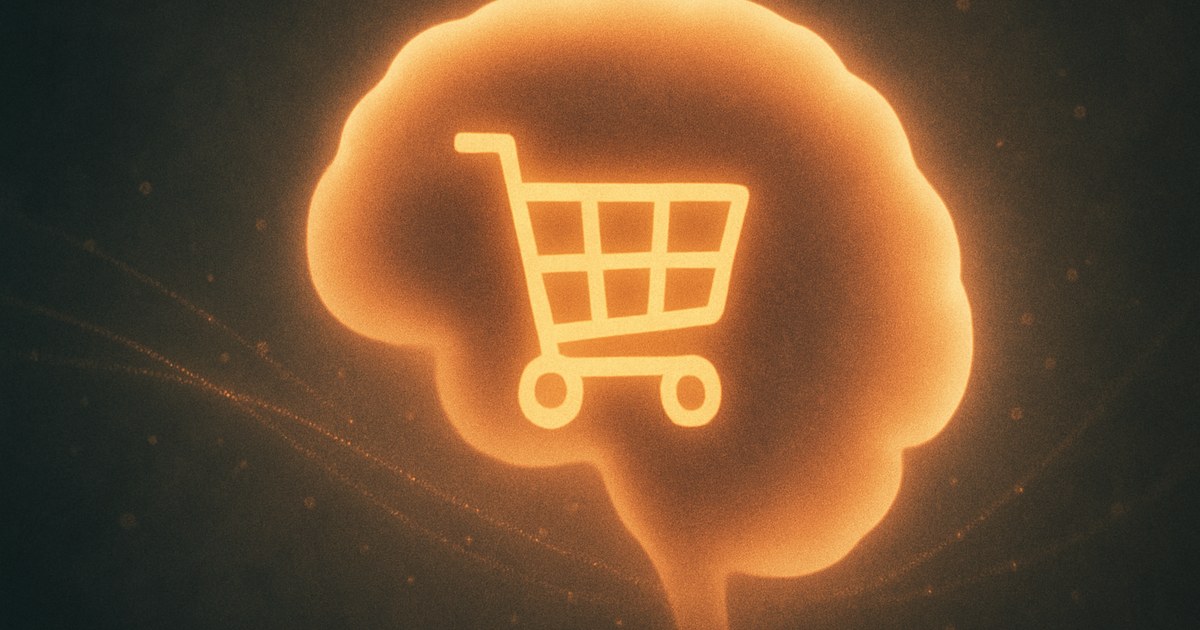 Illustration of a human brain silhouette overlaid with a shopping cart icon, symbolizing neuromarketing