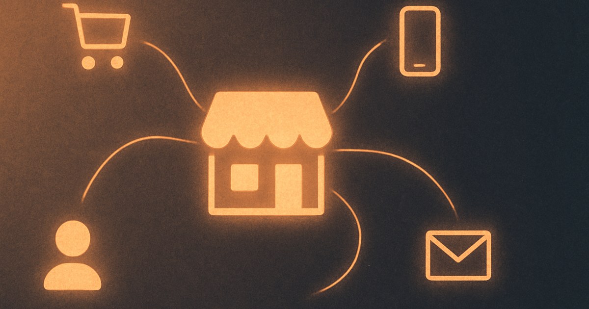 Illustration of a small glowing storefront with threads extending to different channels, symbolizing omnichannel for small webshops