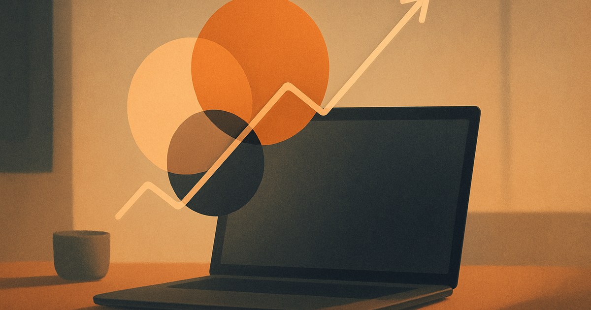 Illustration of overlapping circular charts and a rising trend line, symbolizing an SEO tool for keywords and visibility