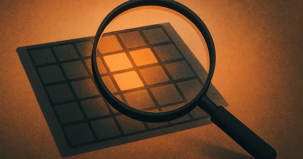 Illustration of a glowing magnifying glass over a grid where some tiles light up, symbolizing an SEO audit