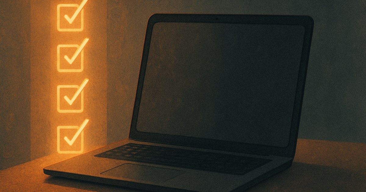 Illustration of a vertical row of glowing checkmarks beside a laptop, symbolizing a technical SEO checklist