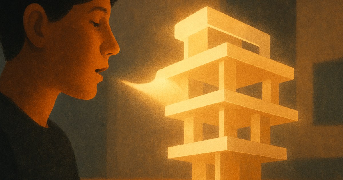 Illustration of a person speaking toward a glowing shape that weaves itself into a built structure