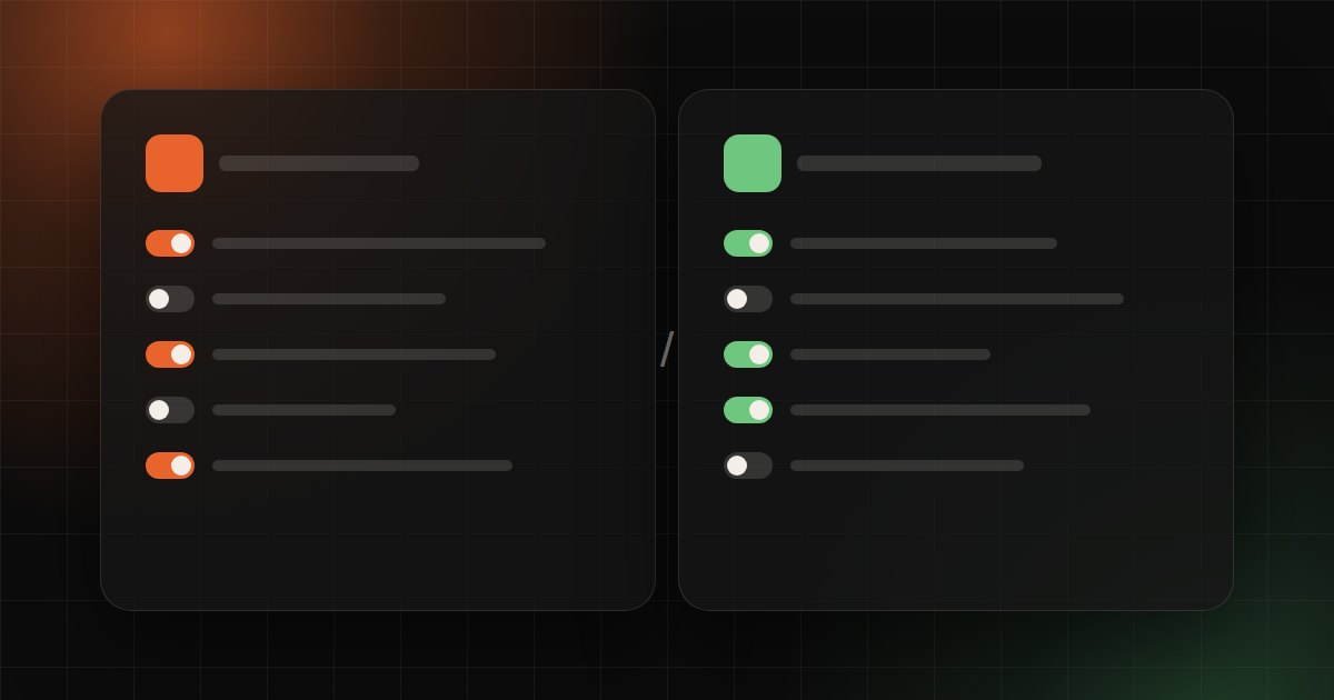 Illustration of two side-by-side settings panels for an SEO plugin in orange and green on a dark background