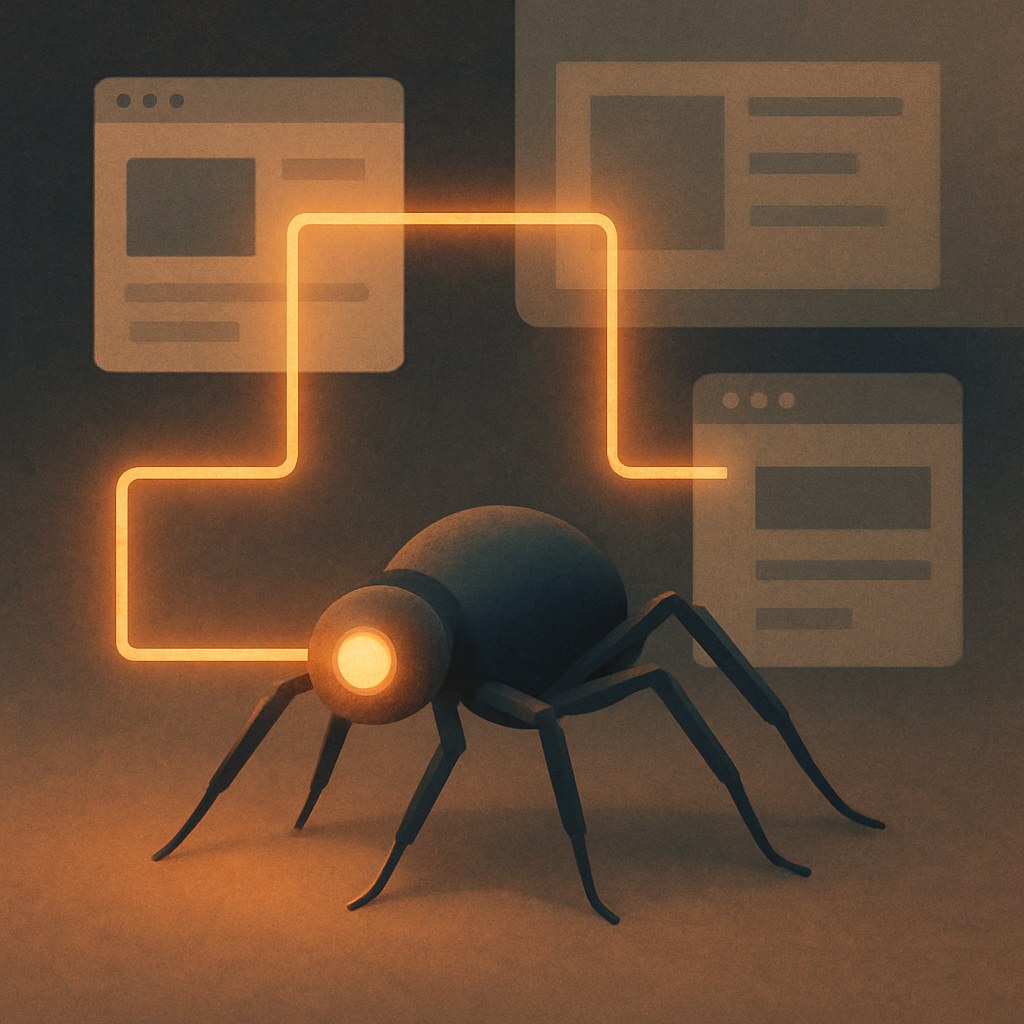 Illustration symbolizing the concept "Crawling": Crawling is the process by which search engine bots systematically move through the internet and follow…