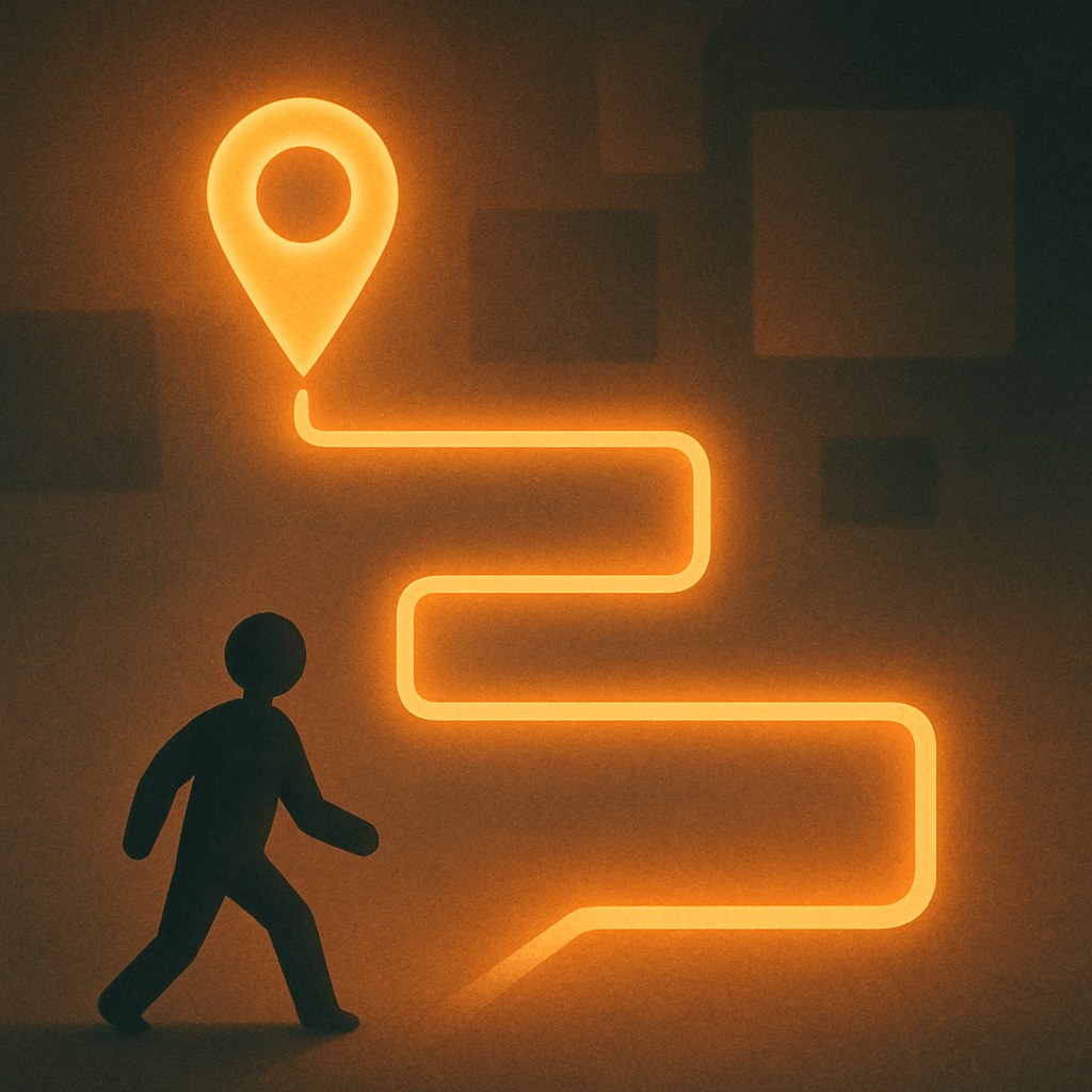 Illustration symbolizing the concept "User journey": A user journey maps the steps, thoughts, and feelings a user goes through from first need…