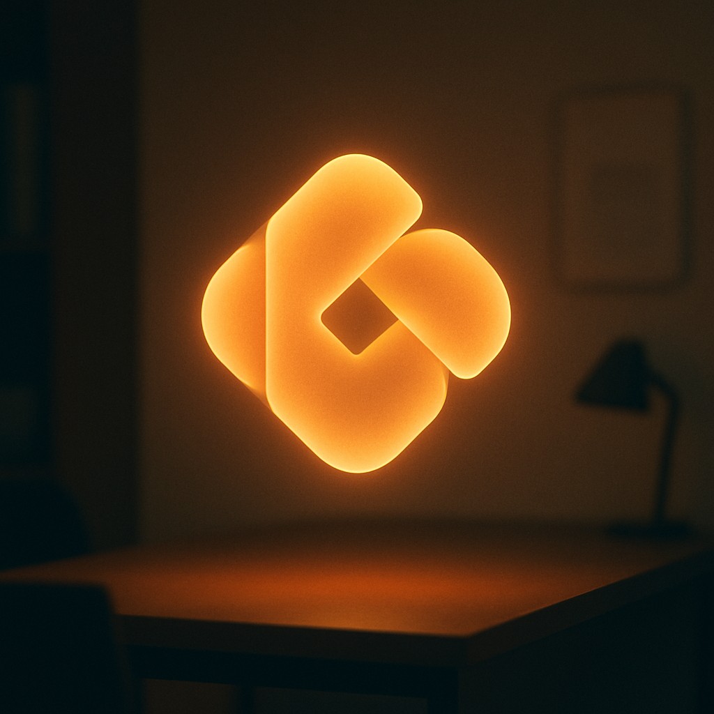 Illustration of an abstract glowing emblem of overlapping shapes, symbolizing branding