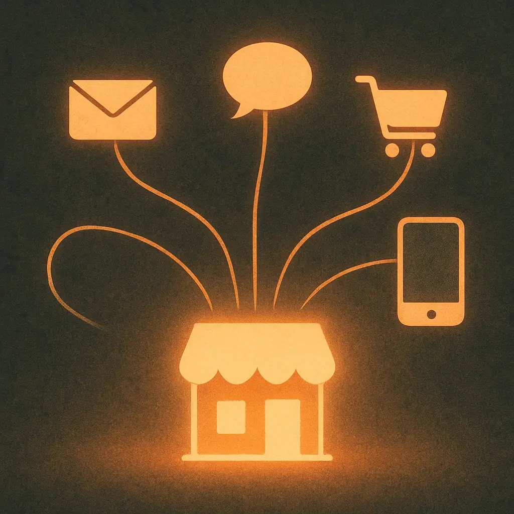 Illustration of a glowing storefront with threads extending to different channels, symbolizing omnichannel