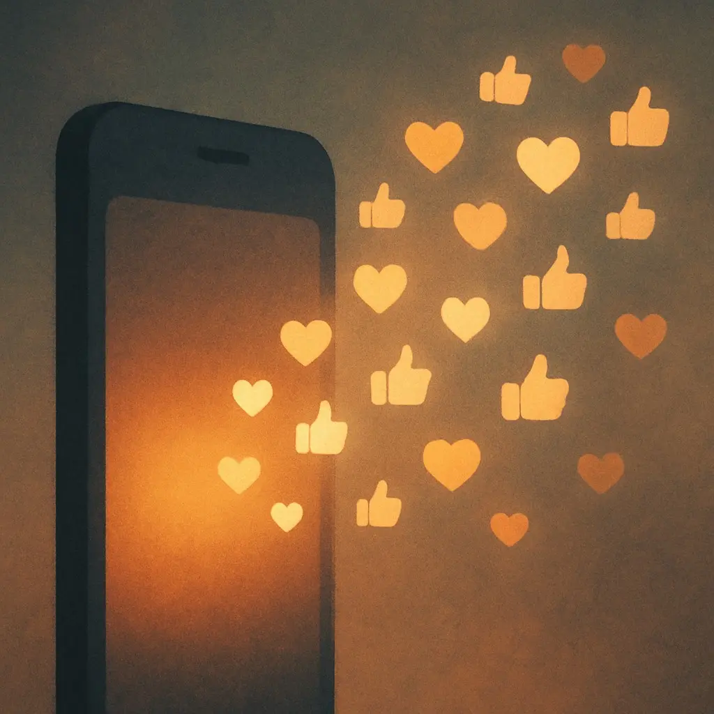 Illustration of a stream of heart icons flowing from a phone shape, symbolizing paid social advertising