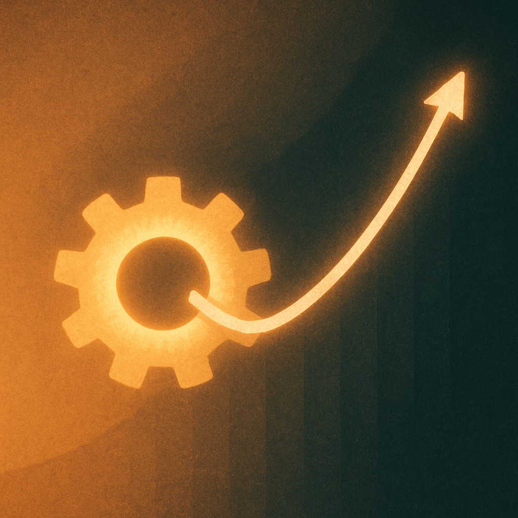 Illustration of a glowing gear interlocking with a rising profit curve, symbolizing Profit Engineering