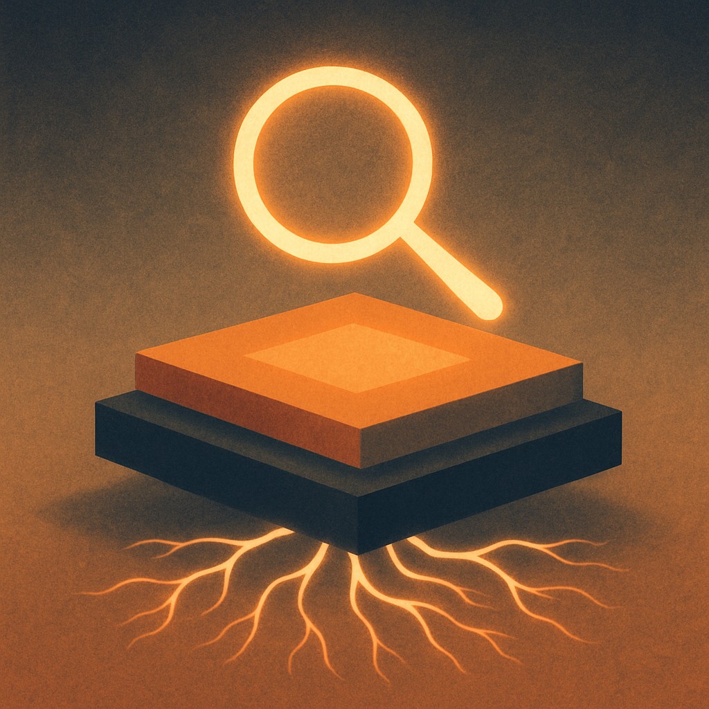 Illustration of a glowing magnifying glass above a structure with root-like lines, symbolizing SEO