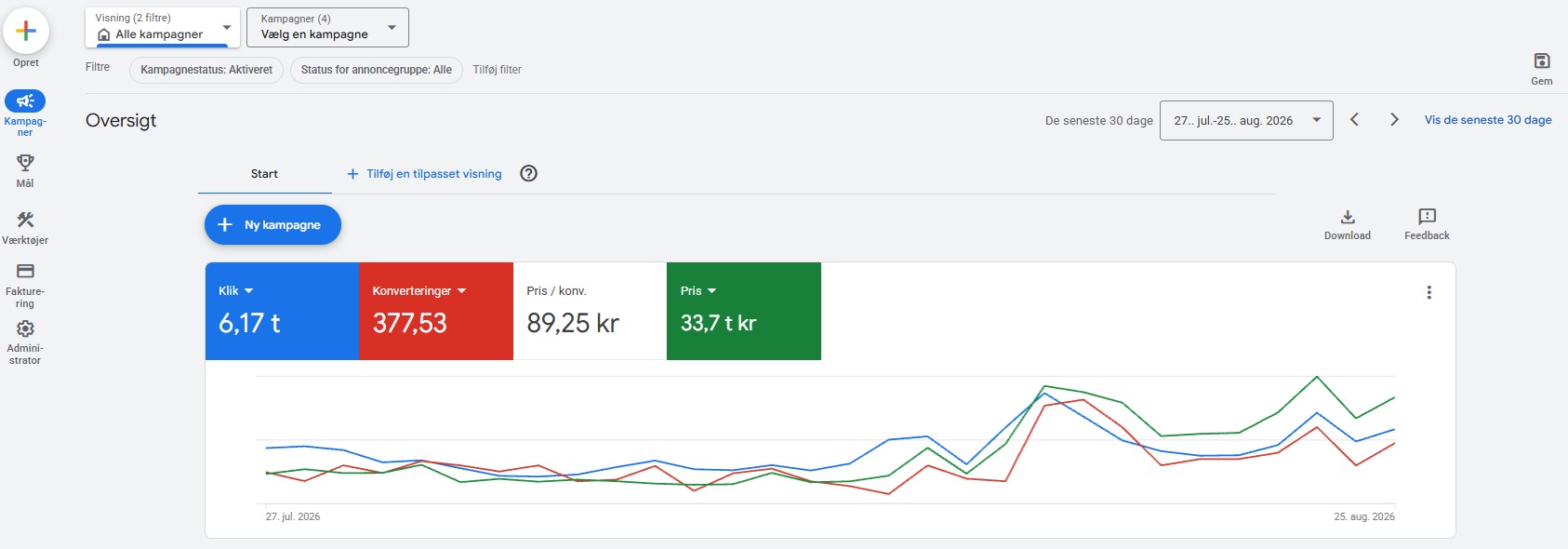Google Ads account showing 6,170 clicks and 377 conversions over the past 30 days